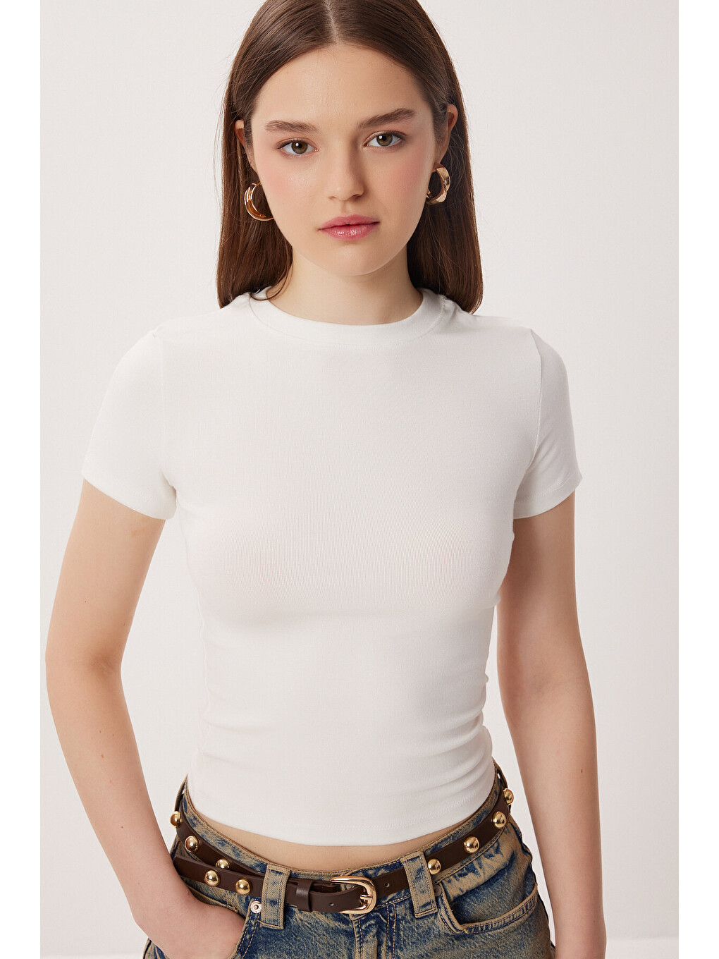Lila 2’li Paket Bisiklet Yaka Basic Örme T-shirt KAHVERENGİ KEMİK LDZ0066-4