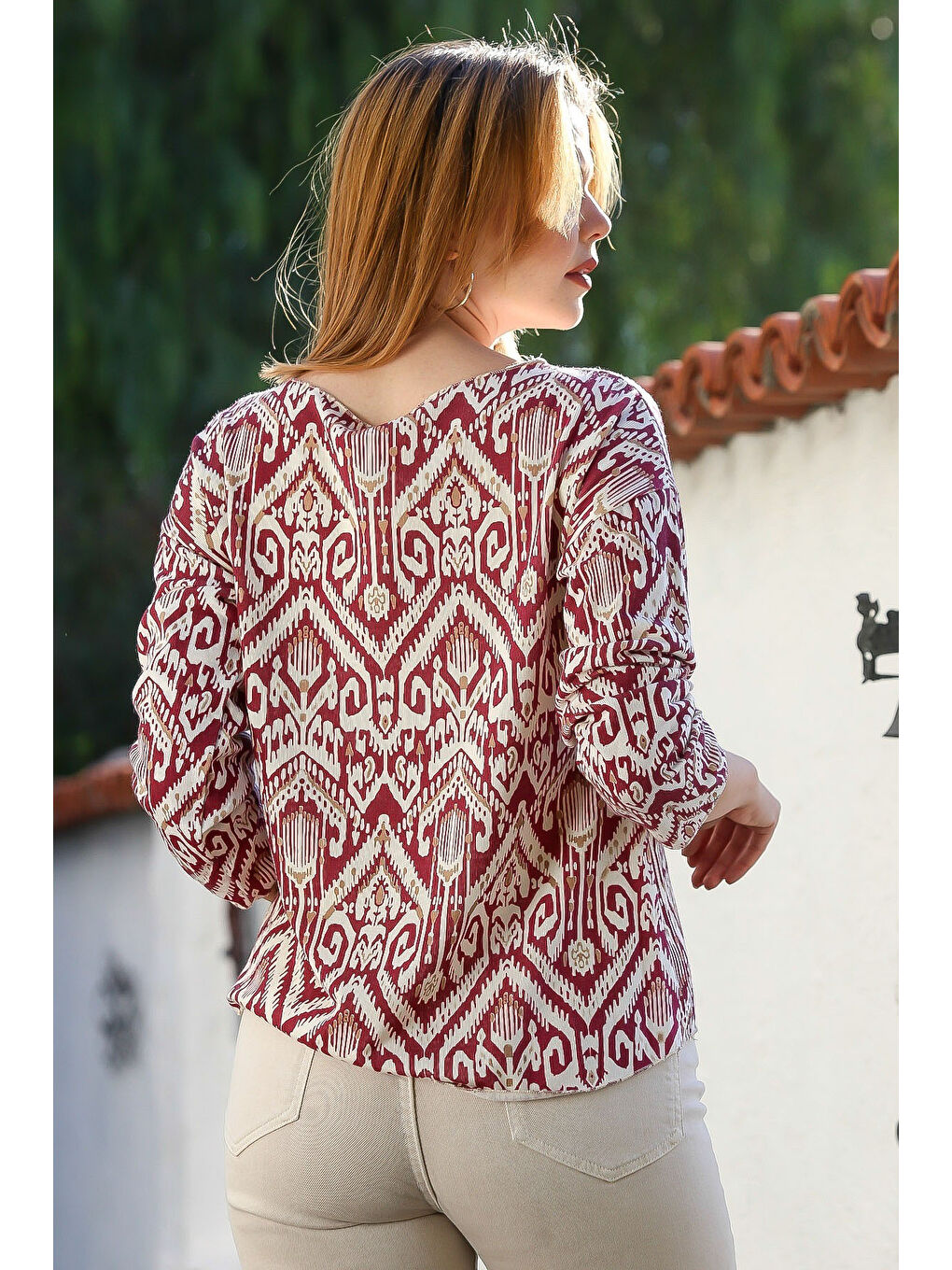 İtalyan Bordo Kayık Yaka Uzun Kol Tribal Desenli Allover Baskılı Casual Örme Bluz 65 60-1