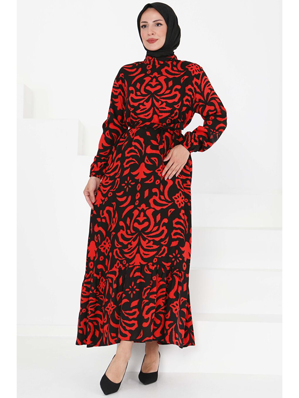 Kırmızı Kuşaklı Desenli Elbise Kirmizi - 27394-1