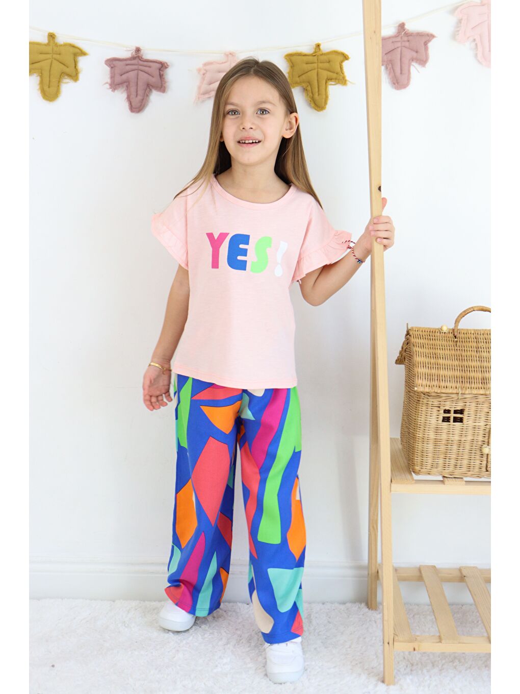 Pembe Kız Çocuk Yes Baskılı ispanyol Paça Alt-Üst Takım-5