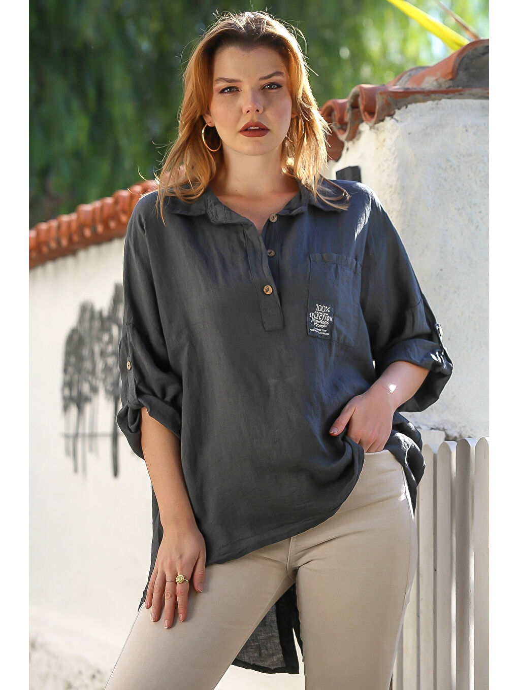 İtalyan Antrasit Gömlek Yaka Düğmeli Uzun Kollu Cepli Keten Arkası Uzun Oversize Dokuma Bluz 75 70