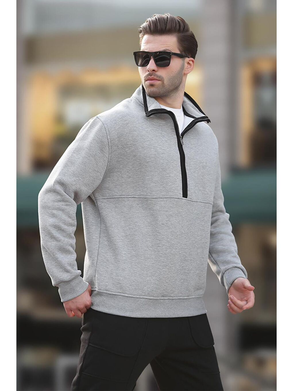 Gri Dik Yaka Yarım Fermuarlı Sweatshirt 7079-2