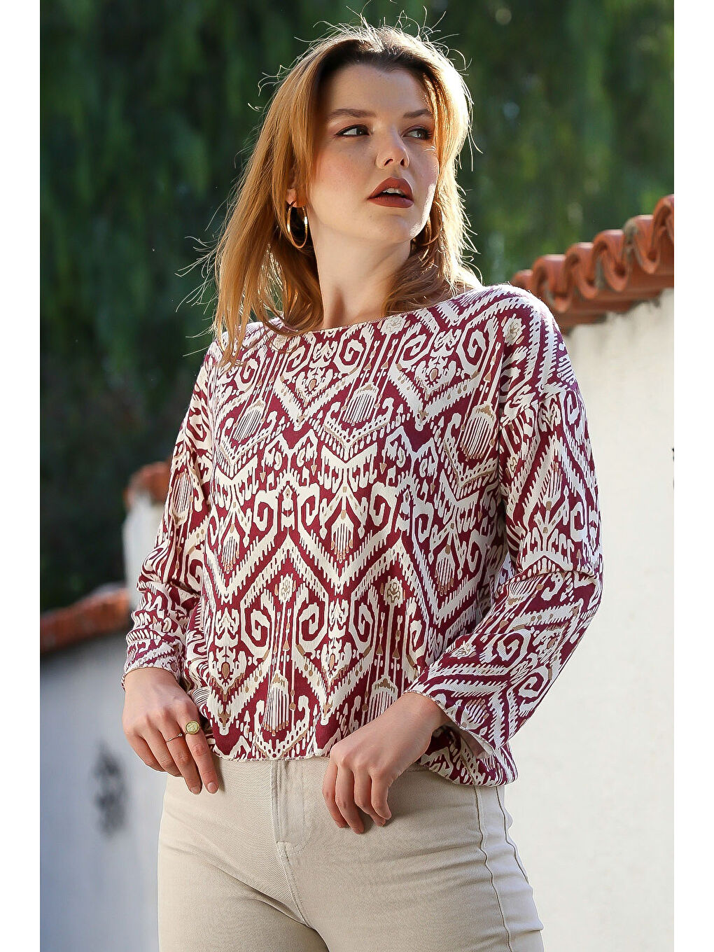 İtalyan Bordo Kayık Yaka Uzun Kol Tribal Desenli Allover Baskılı Casual Örme Bluz 65 60-3