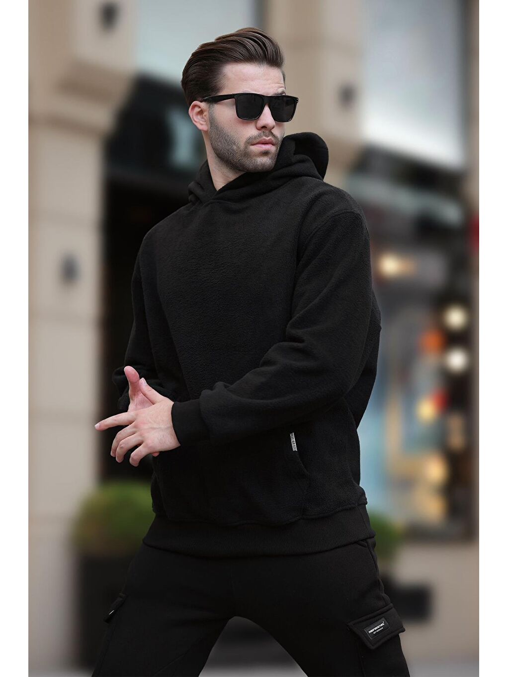 Siyah Kapüşonlu Cep Detaylı Polar Erkek Sweatshirt 7093-1