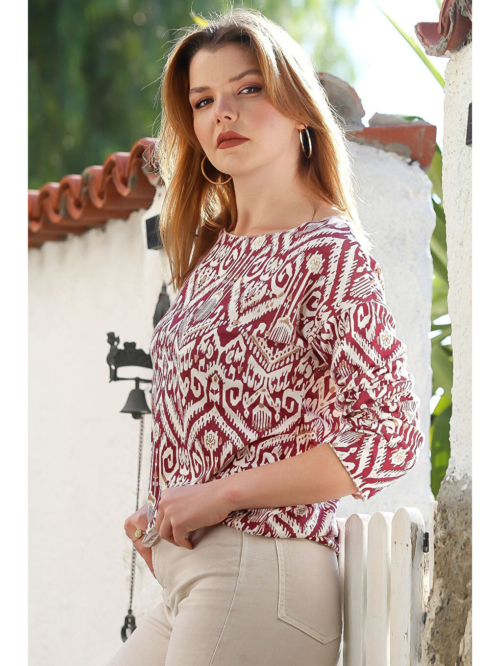 İtalyan Bordo Kayık Yaka Uzun Kol Tribal Desenli Allover Baskılı Casual Örme Bluz 65 60-4