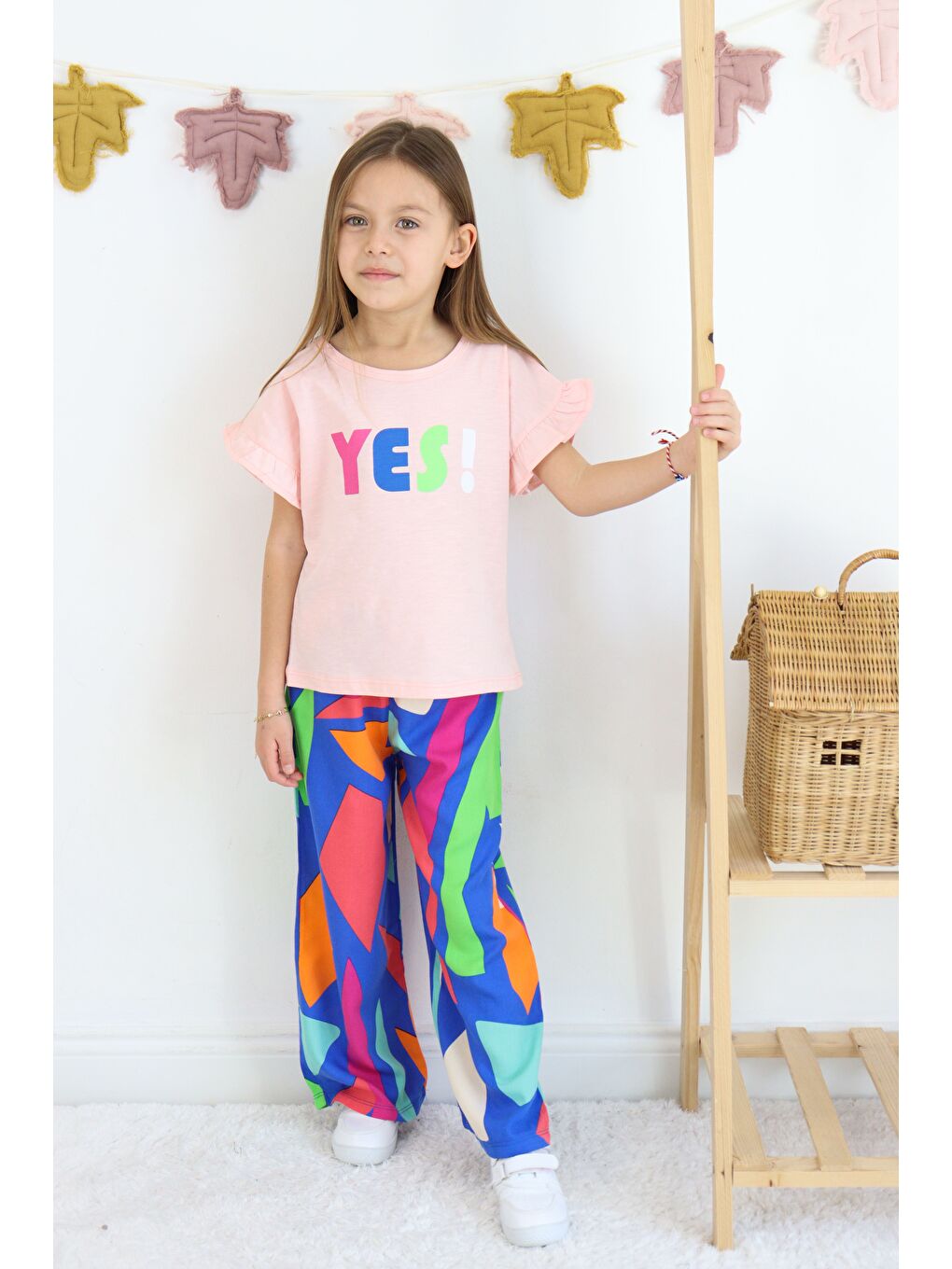 Pembe Kız Çocuk Yes Baskılı ispanyol Paça Alt-Üst Takım-6