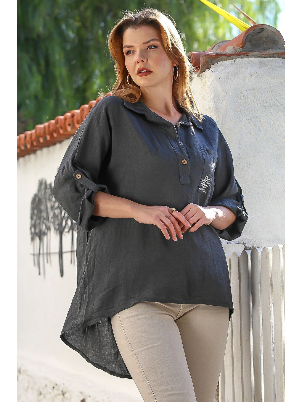 İtalyan Antrasit Gömlek Yaka Düğmeli Uzun Kollu Cepli Keten Arkası Uzun Oversize Dokuma Bluz 75 70-2