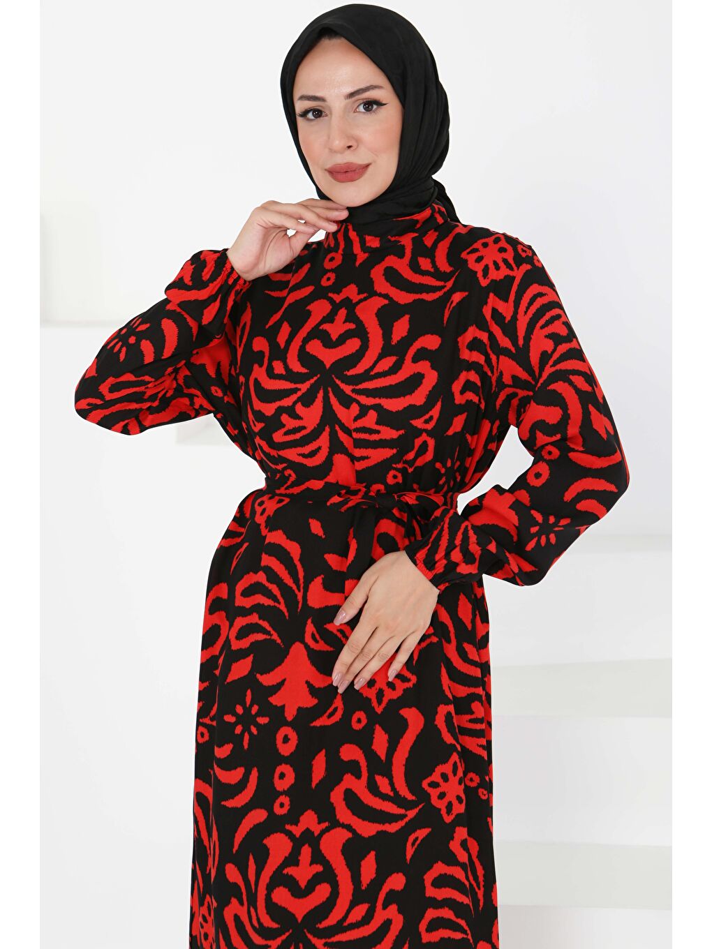 Kırmızı Kuşaklı Desenli Elbise Kirmizi - 27394-2