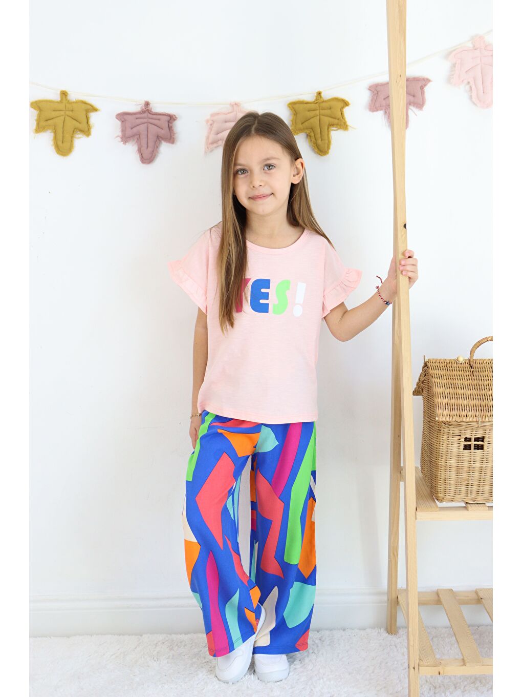 Pembe Kız Çocuk Yes Baskılı ispanyol Paça Alt-Üst Takım-7