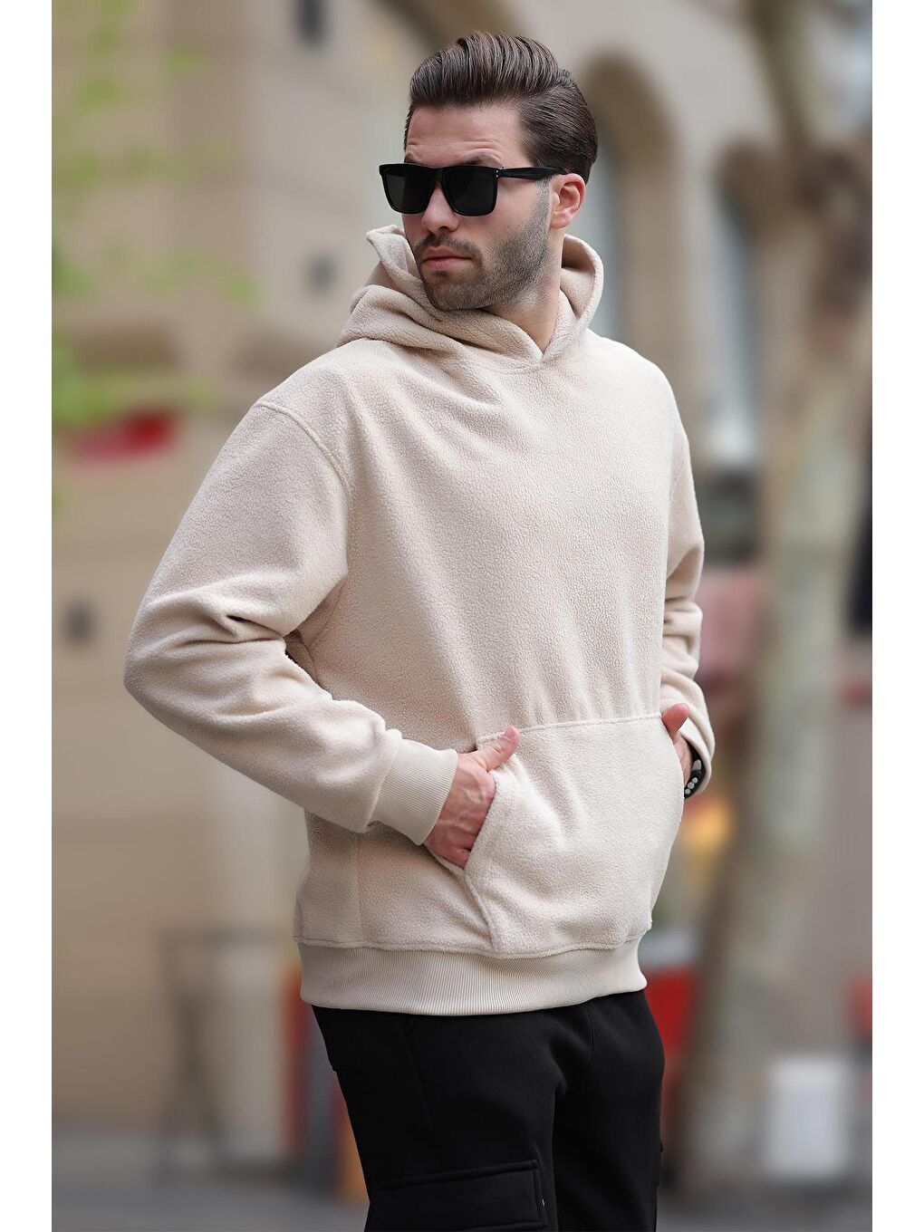 Bej Kapüşonlu Cep Detaylı Polar Erkek Sweatshirt 7093-1