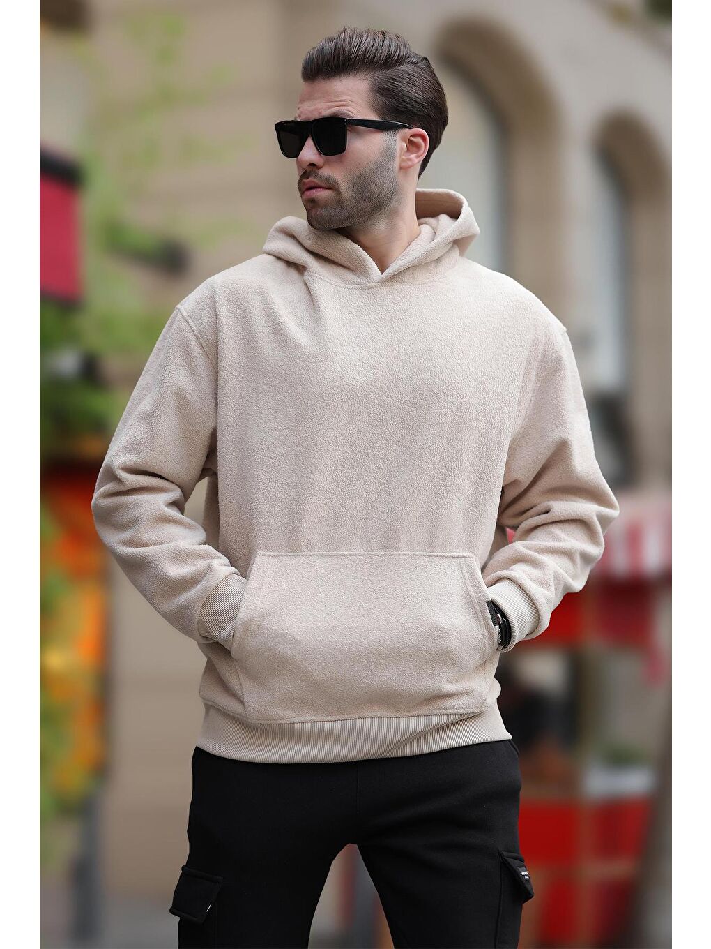 Bej Kapüşonlu Cep Detaylı Polar Erkek Sweatshirt 7093-2