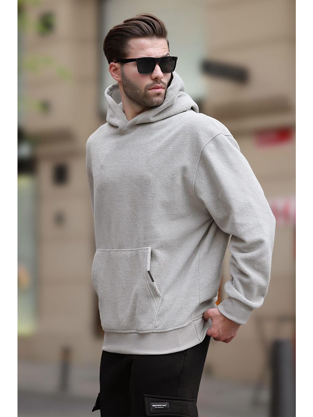 Boyalı Gri Kapüşonlu Cep Detaylı Polar Erkek Sweatshirt 7093-1