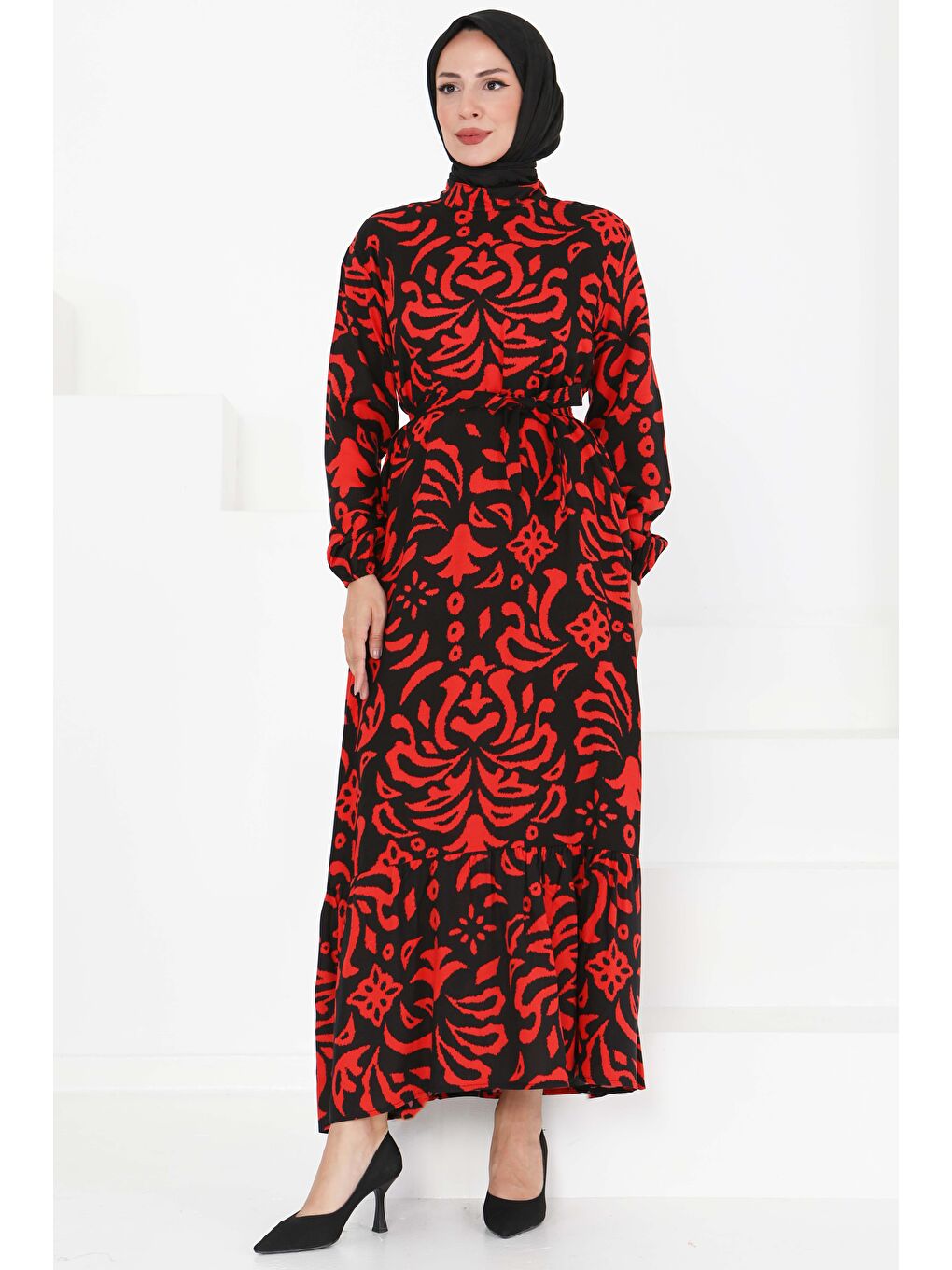 Kırmızı Kuşaklı Desenli Elbise Kirmizi - 27394-3