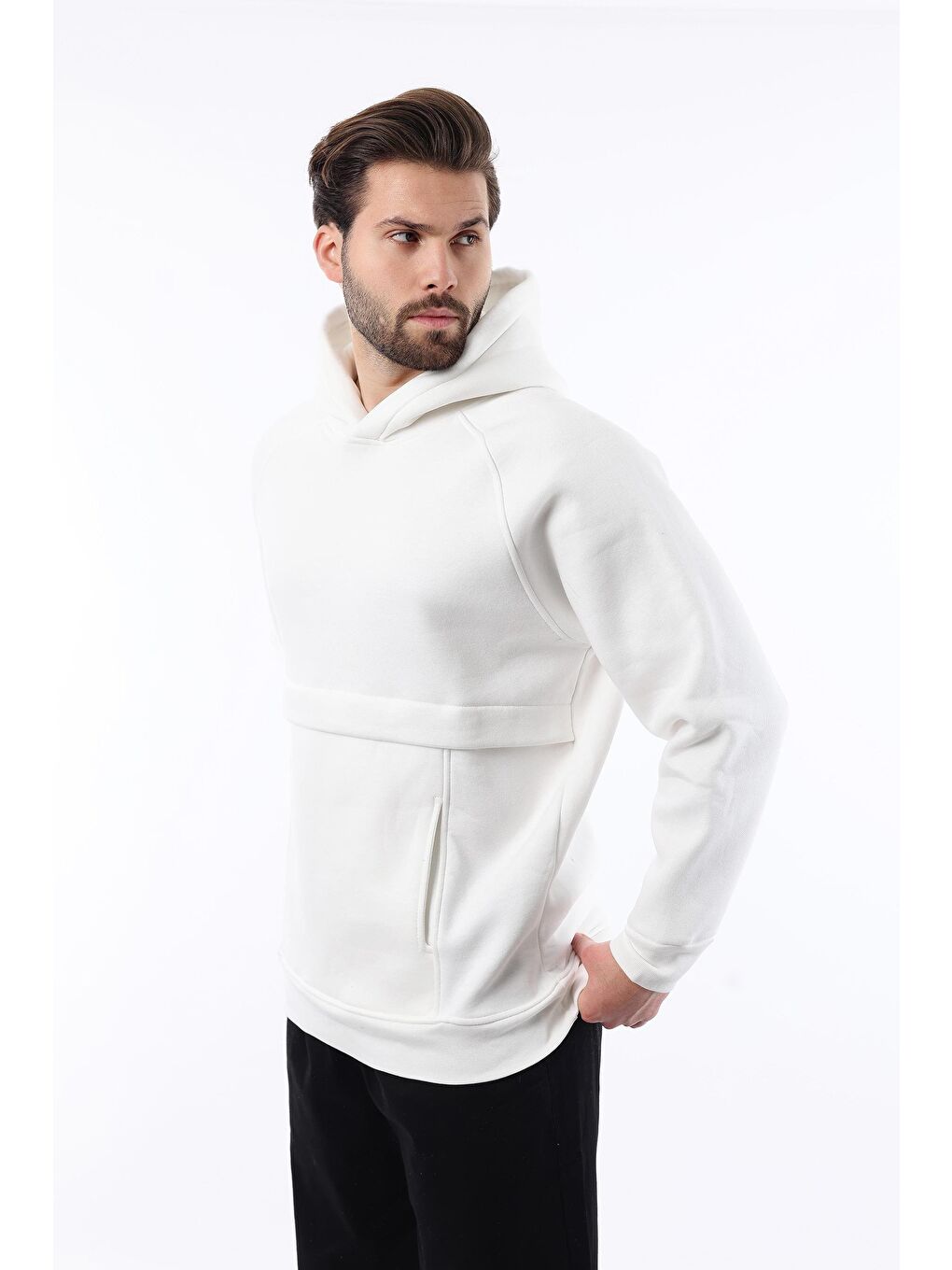 Ekru Kapüşonlu Cep Detaylı Erkek Sweatshirt 7092-1