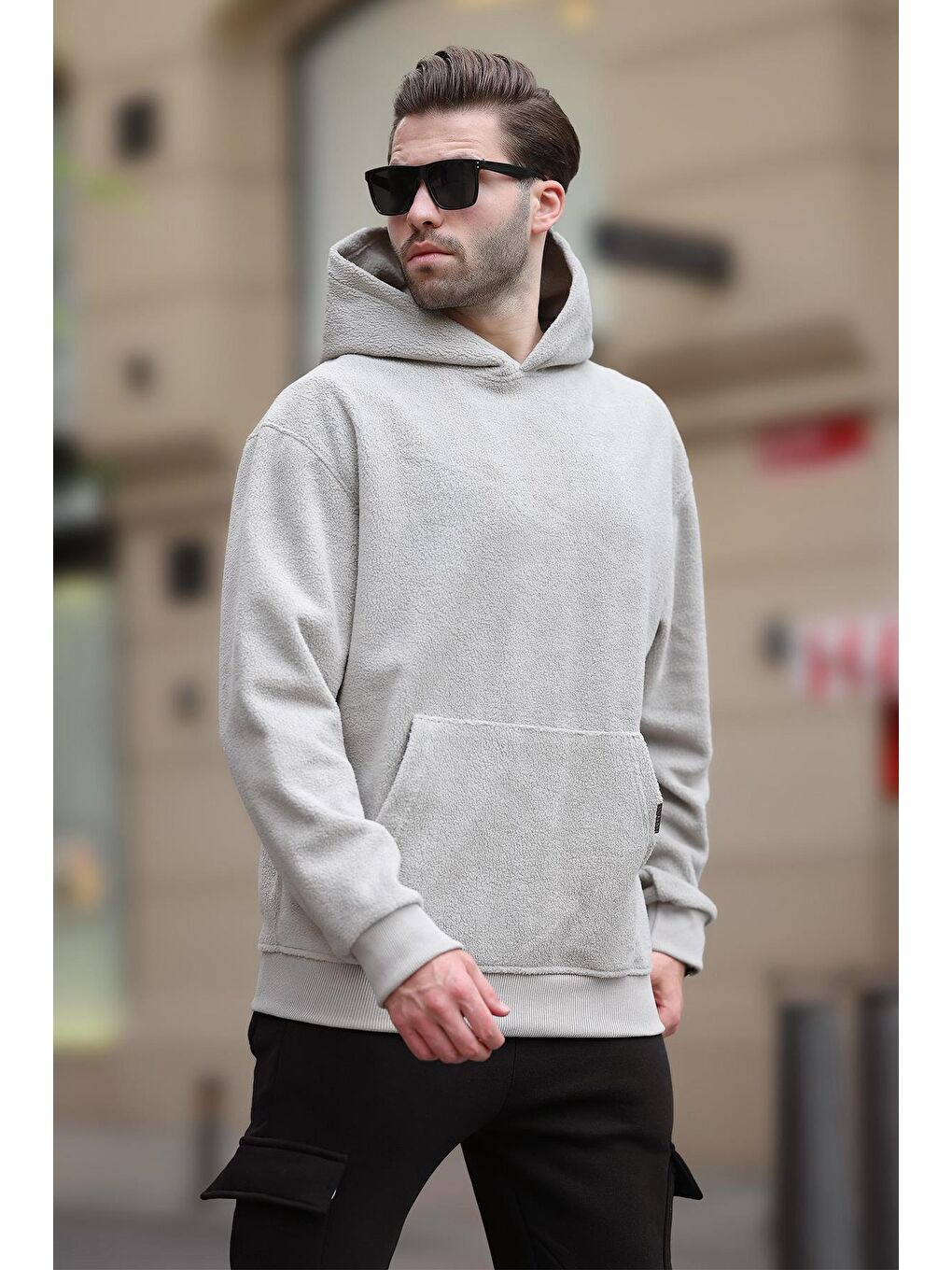 Boyalı Gri Kapüşonlu Cep Detaylı Polar Erkek Sweatshirt 7093-2