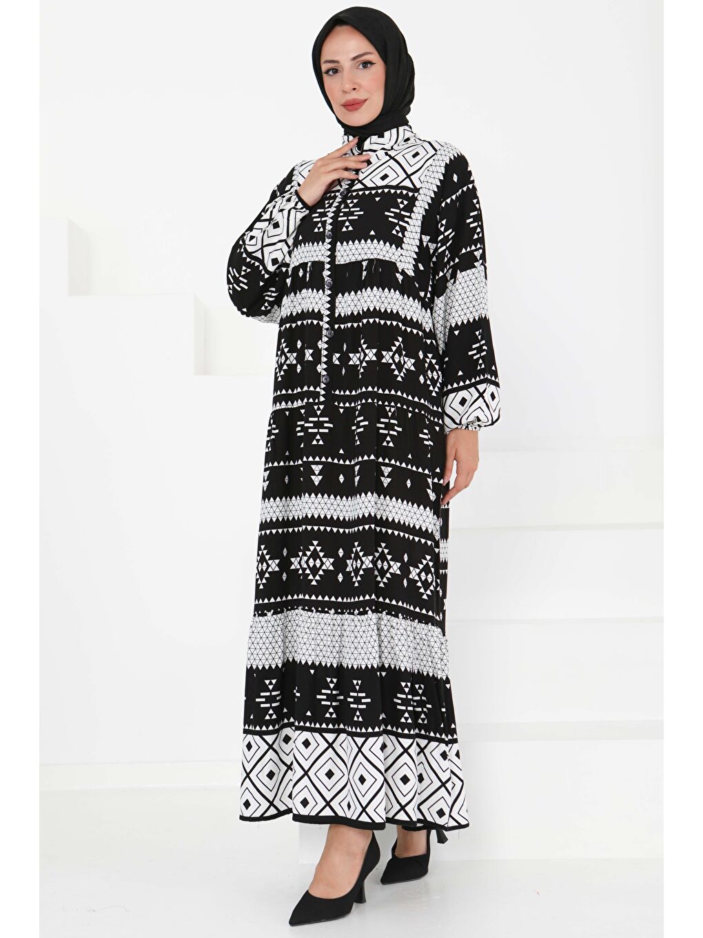 Düğme Detaylı Elbise Siyah - 27396-2