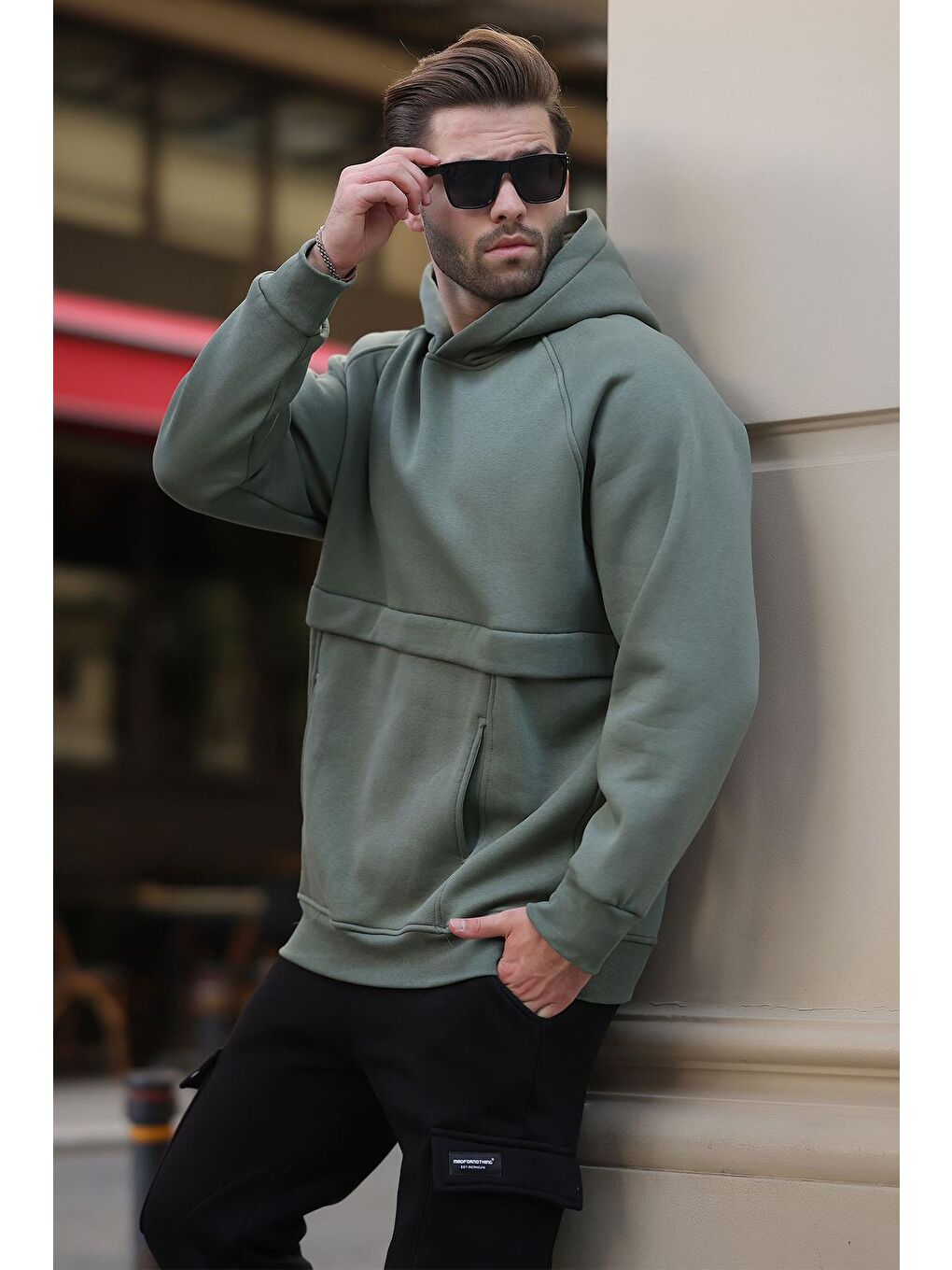 Haki Kapüşonlu Cep Detaylı Erkek Sweatshirt 7092