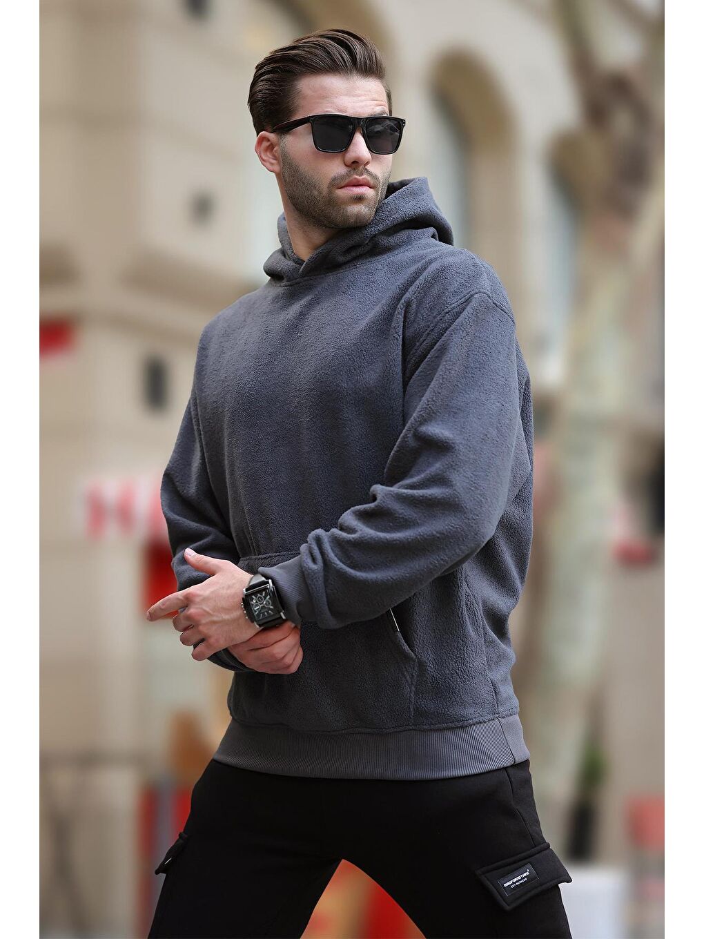 Gri Füme Kapüşonlu Cep Detaylı Polar Erkek Sweatshirt 7093-1