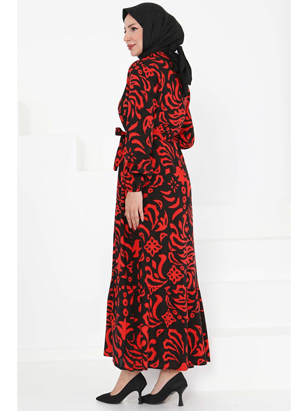 Kırmızı Kuşaklı Desenli Elbise Kirmizi - 27394-4