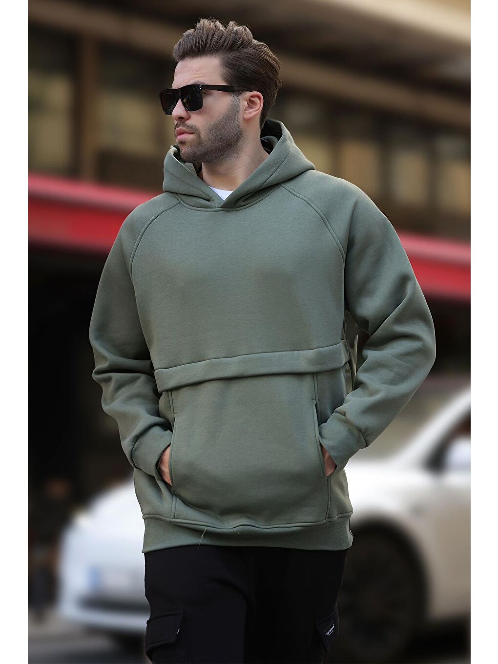 Haki Kapüşonlu Cep Detaylı Erkek Sweatshirt 7092-1