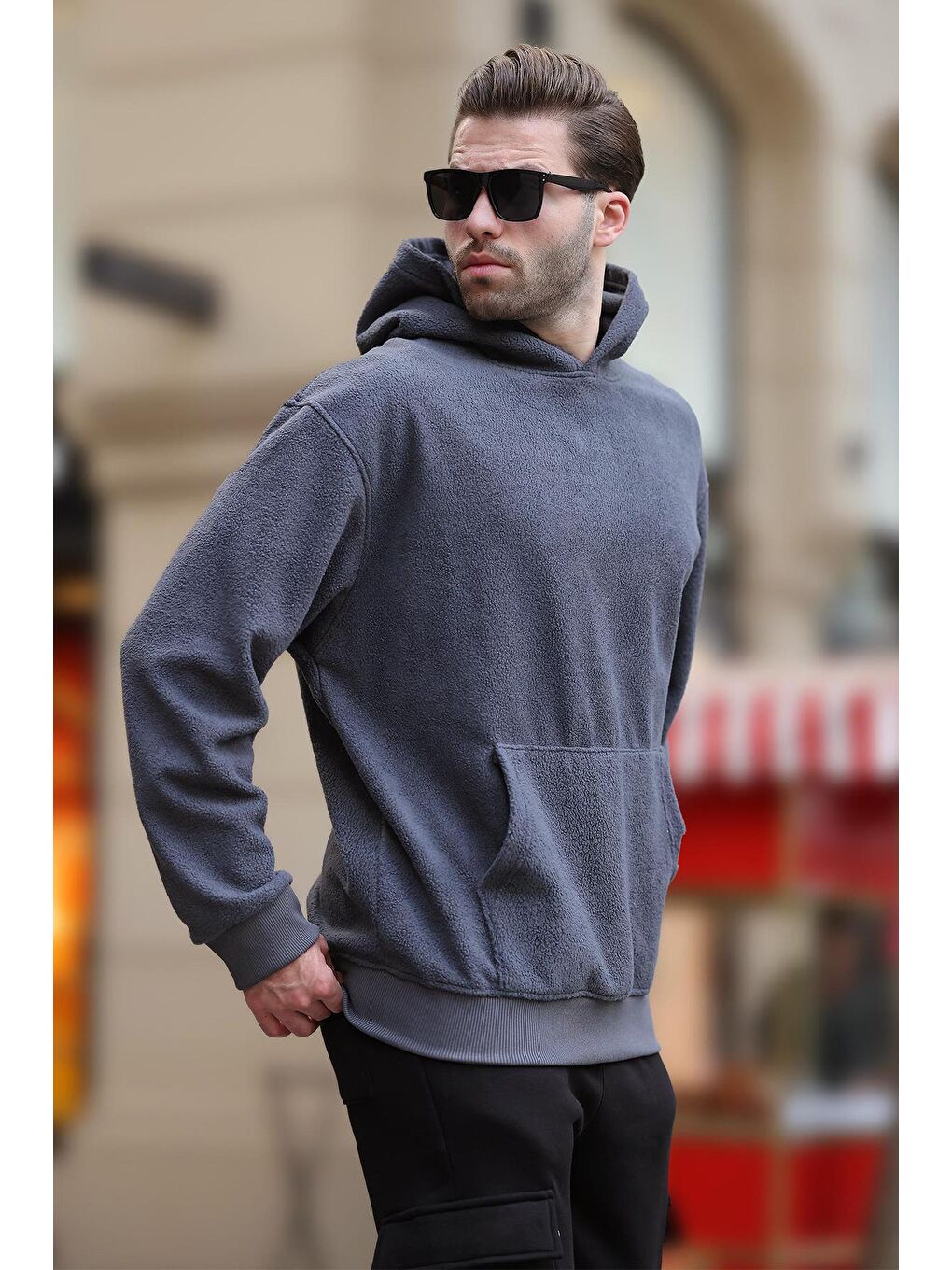 Gri Füme Kapüşonlu Cep Detaylı Polar Erkek Sweatshirt 7093-2