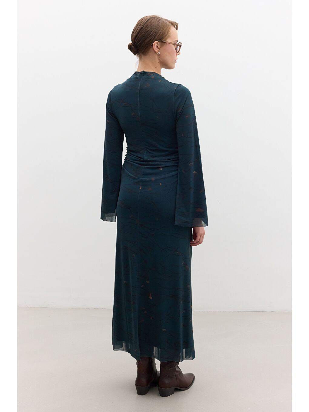 Mavi Desenli Geniş Kol Tül Elbise Freesıa-3