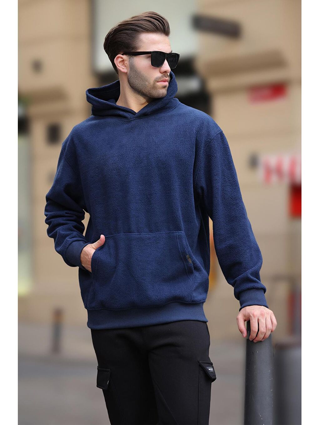 Lacivert Kapüşonlu Cep Detaylı Polar Erkek Sweatshirt 7093-1