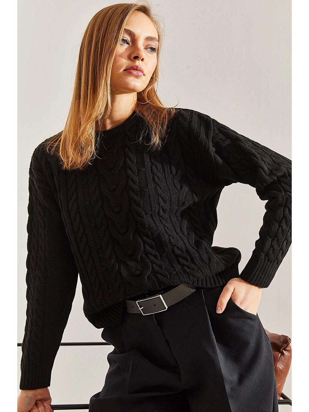 Siyah Kadın Desenli Triko Kazak-2