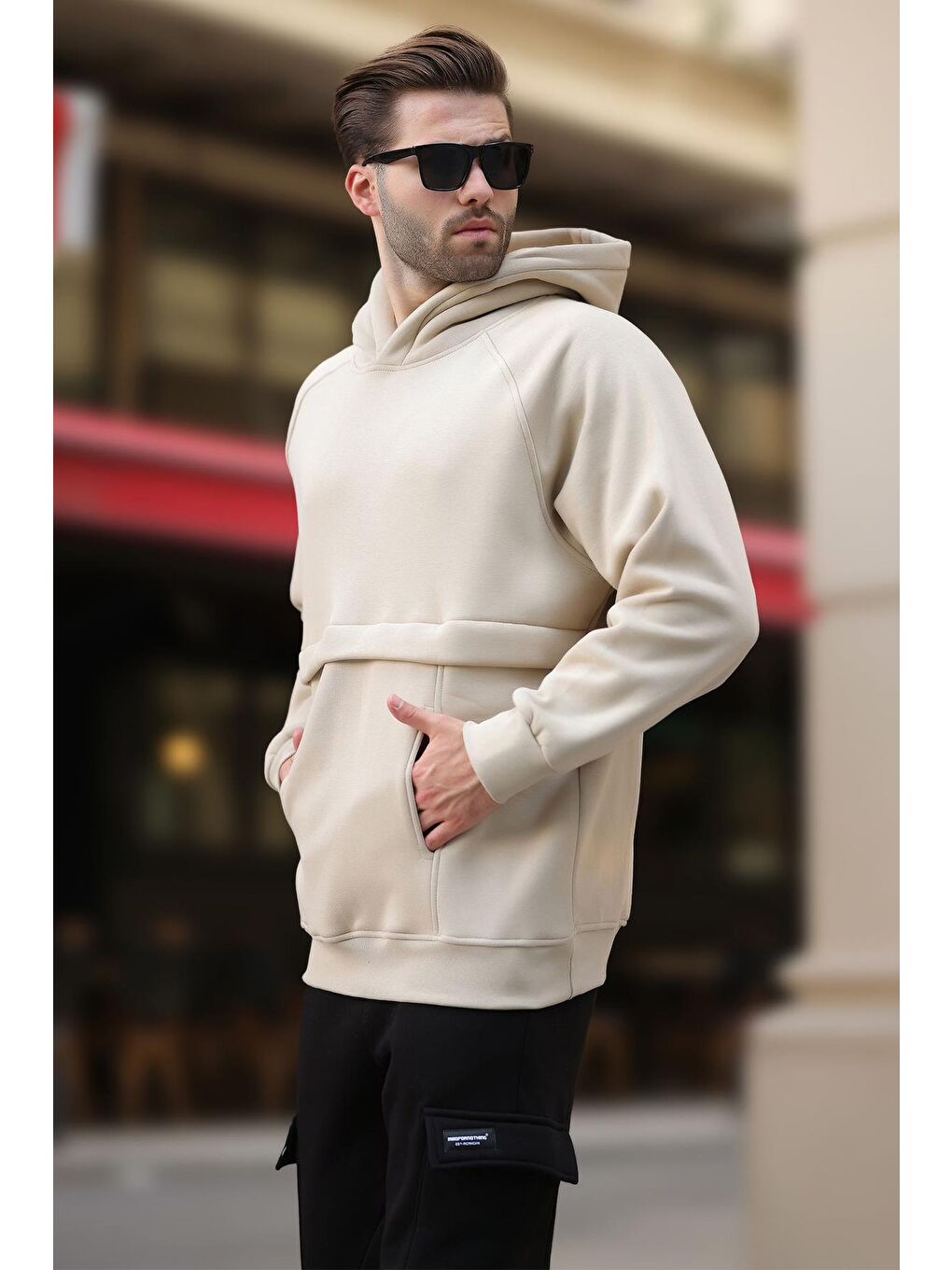 Bej Kapüşonlu Cep Detaylı Erkek Sweatshirt 7092