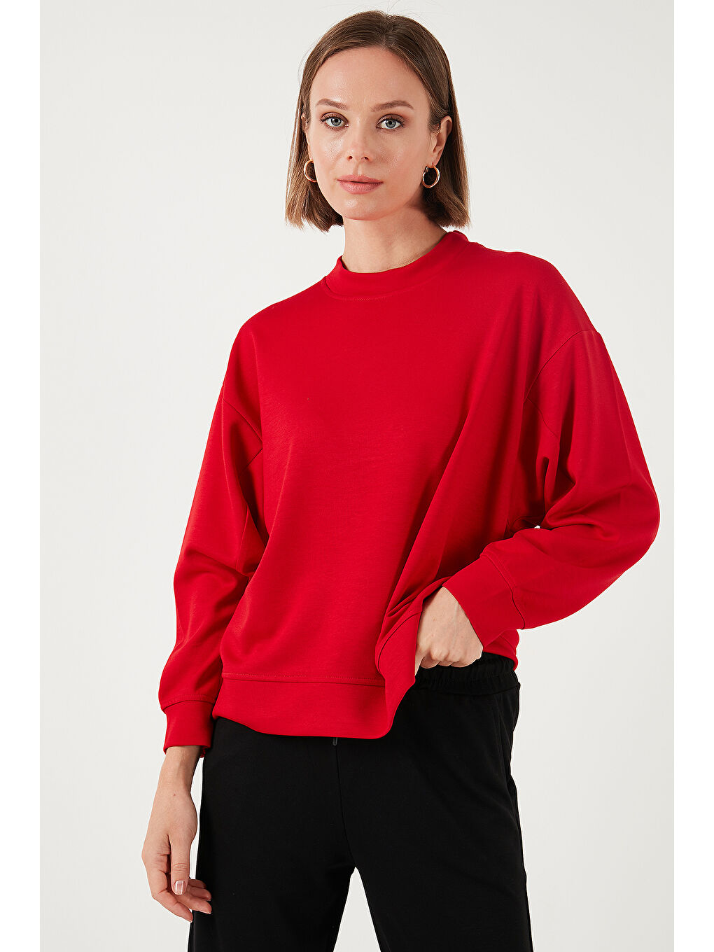 Lela Kırmızı Streş Bisiklet Yaka Oversize Fit Kumaş Kadın Sweat 5865879 - 4