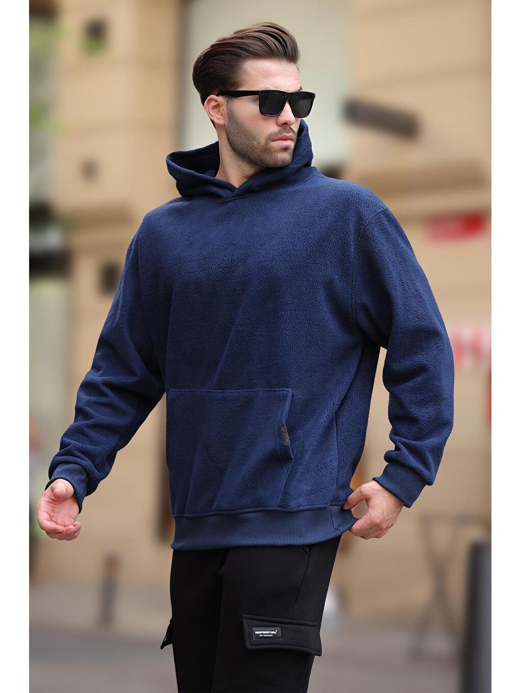 Lacivert Kapüşonlu Cep Detaylı Polar Erkek Sweatshirt 7093-2
