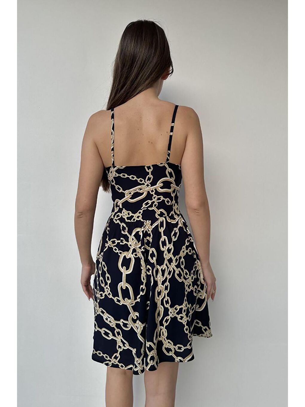 Siyah Koyu Lacivert Pedli Desenli Dokuma Viskon Elbise-4