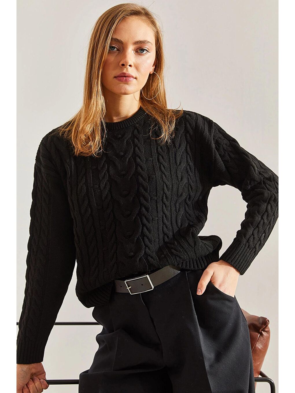 Siyah Kadın Desenli Triko Kazak-3