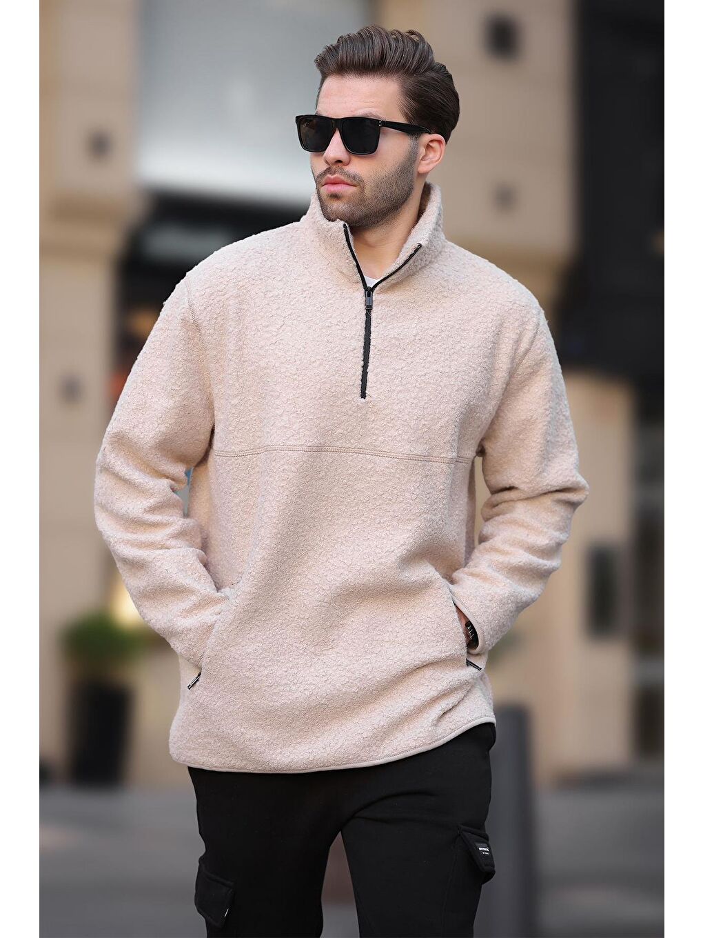 Ekru Dik Yaka Yarım Fermuarlı Buklet Sweatshirt 7084