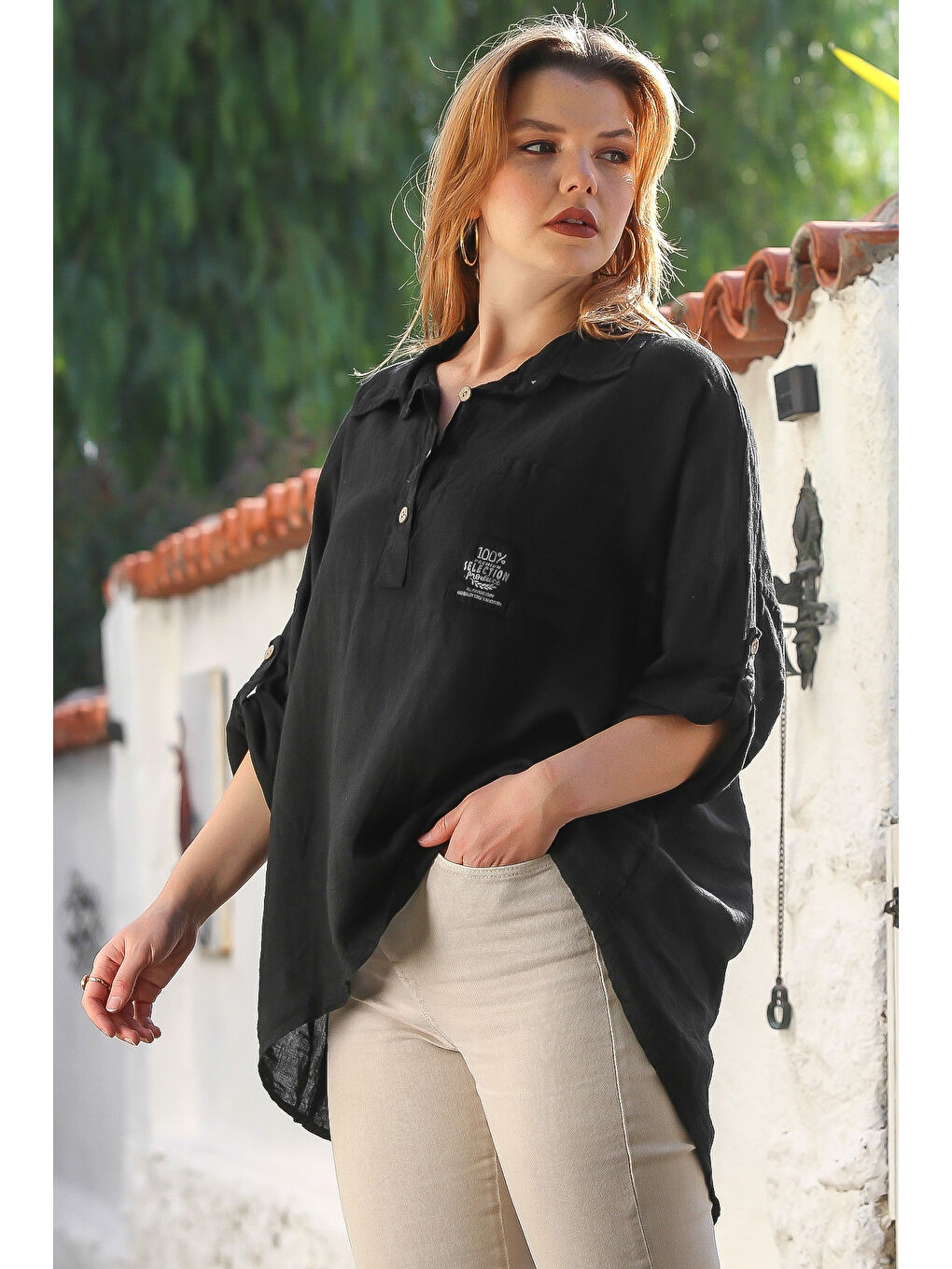 İtalyan Siyah Gömlek Yaka Düğmeli Uzun Kollu Cepli Keten Arkası Uzun Oversize Dokuma Bluz 75 70