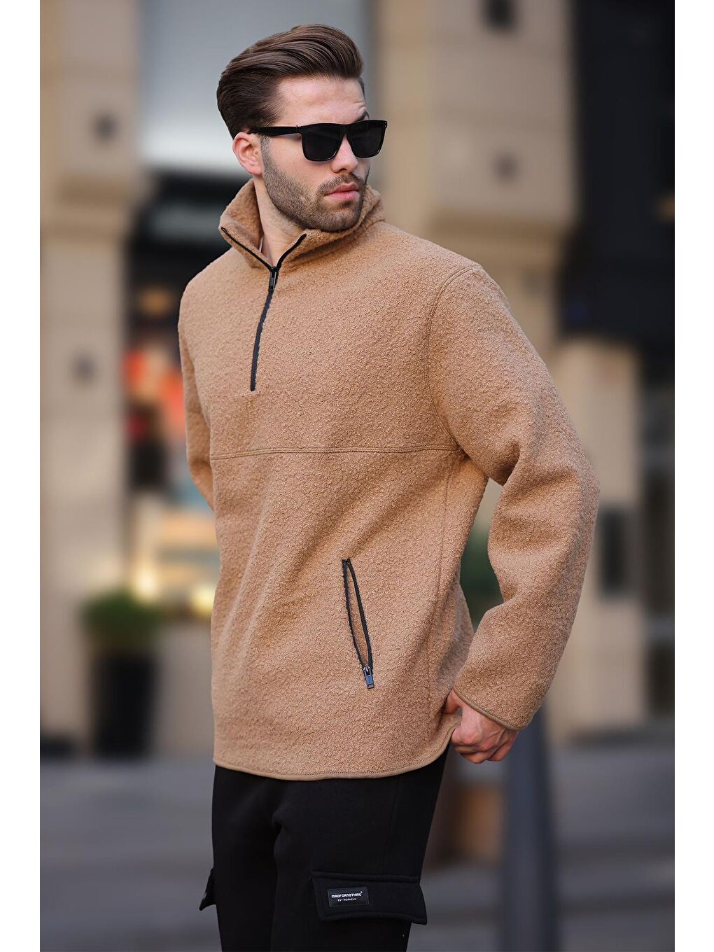 Bej Dik Yaka Yarım Fermuarlı Buklet Sweatshirt 7084-1