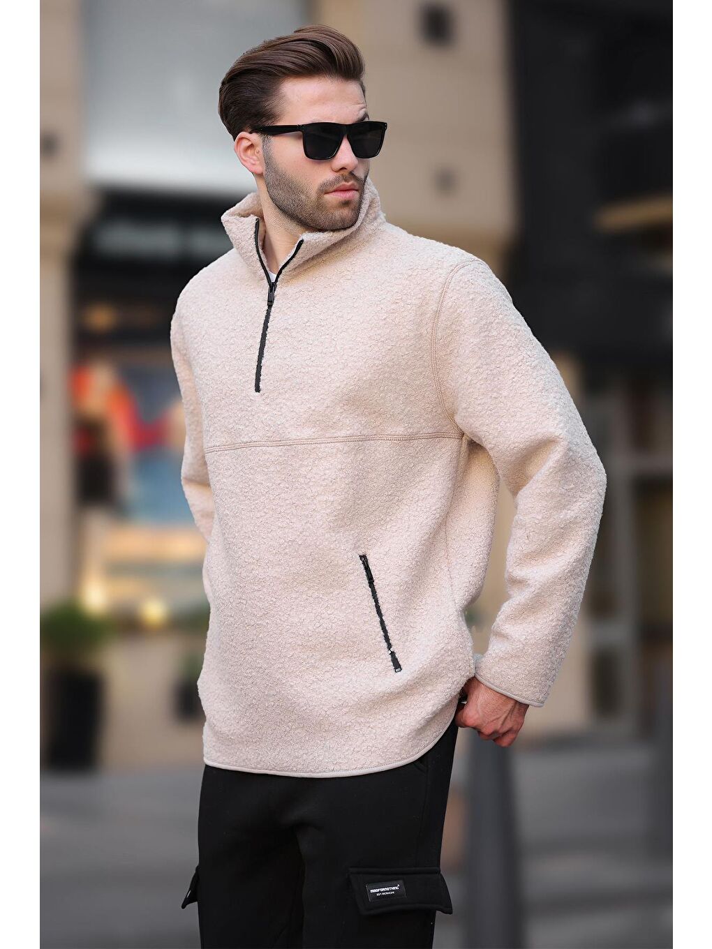 Ekru Dik Yaka Yarım Fermuarlı Buklet Sweatshirt 7084-1