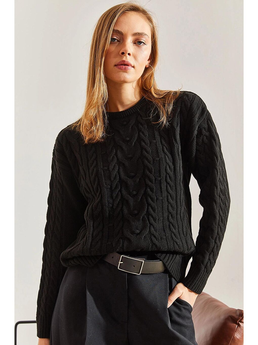 Siyah Kadın Desenli Triko Kazak-4