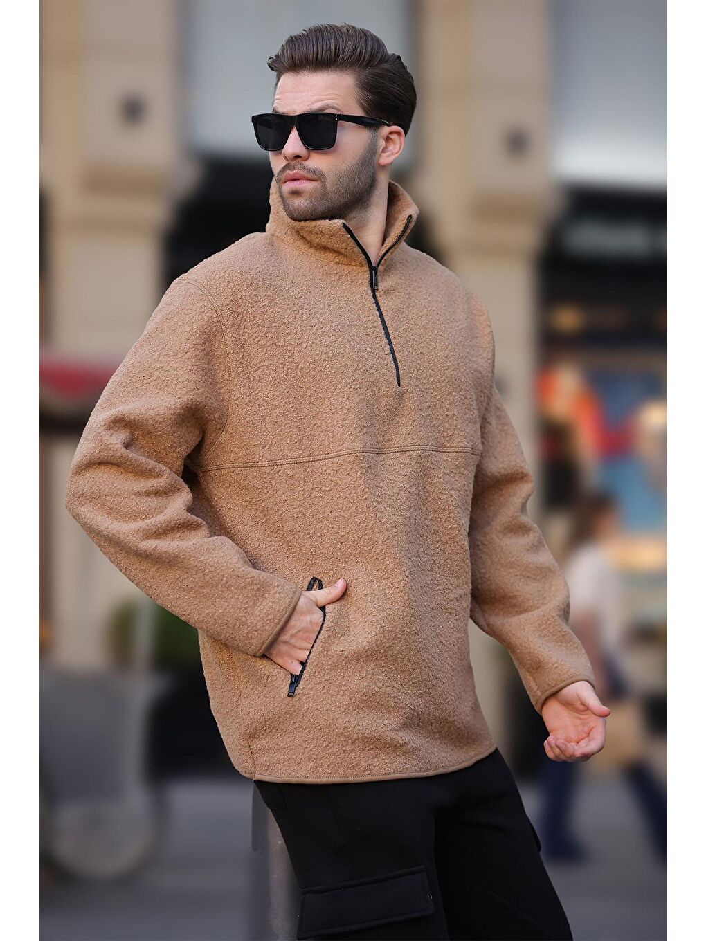 Bej Dik Yaka Yarım Fermuarlı Buklet Sweatshirt 7084-2