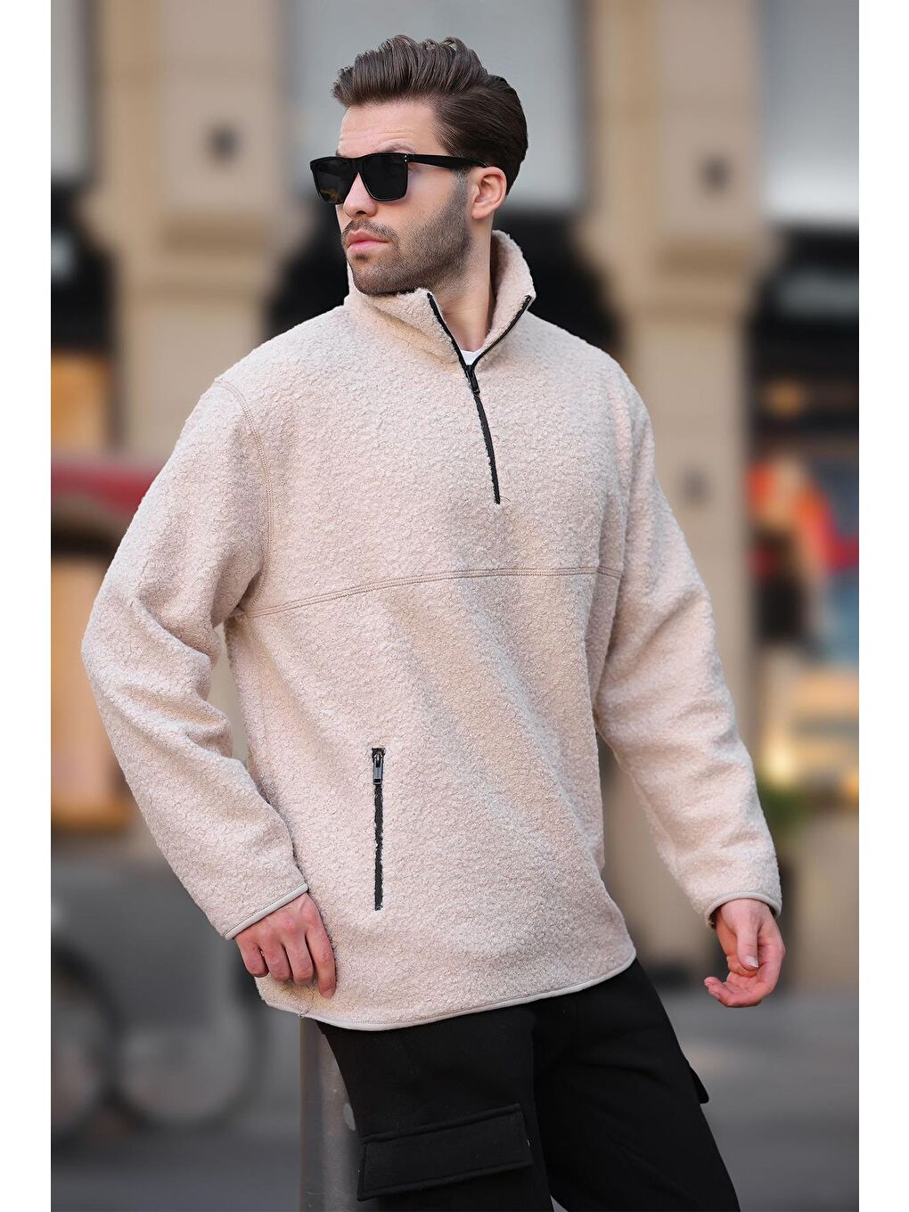 Ekru Dik Yaka Yarım Fermuarlı Buklet Sweatshirt 7084-2