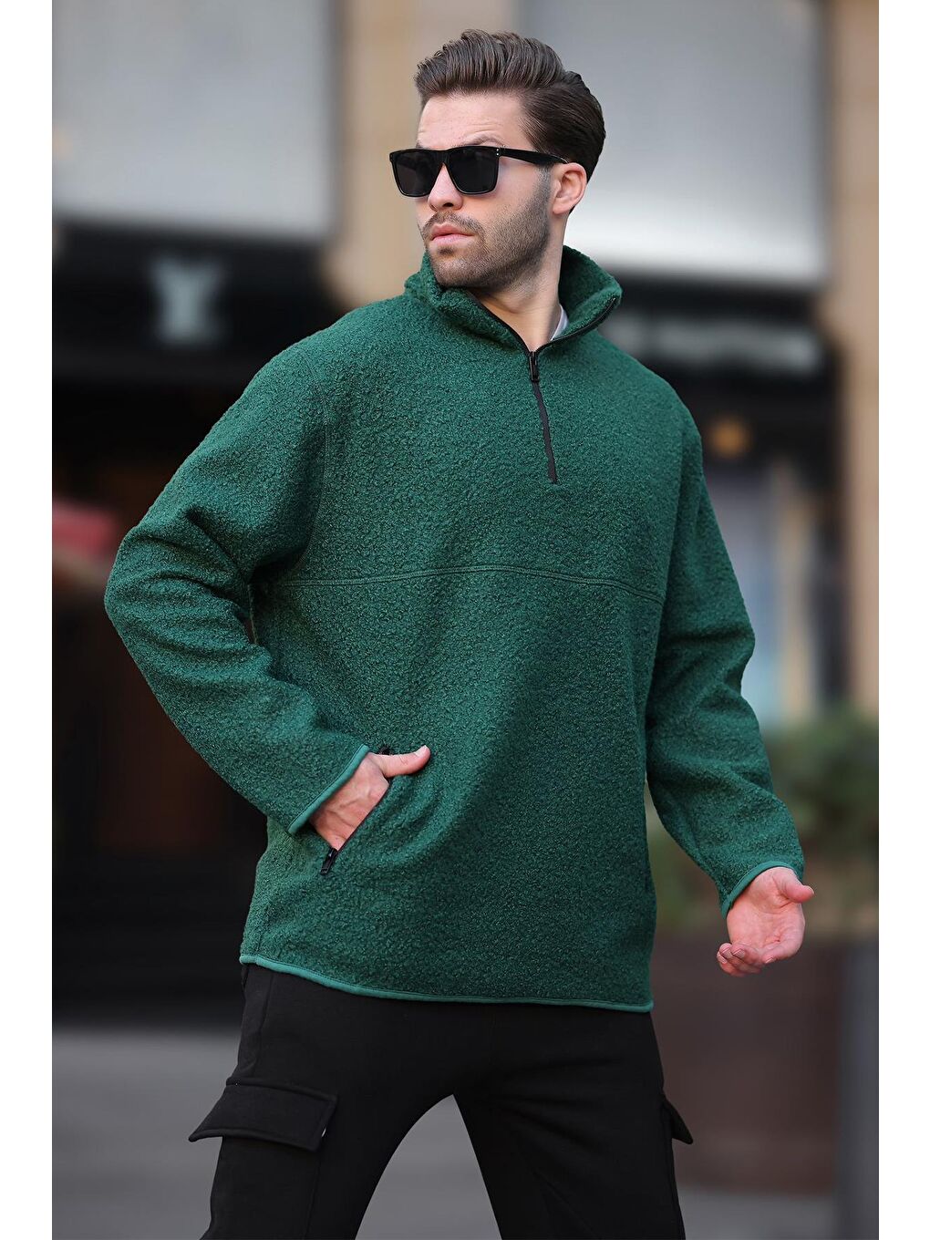 Yeşil Dik Yaka Yarım Fermuarlı Buklet Sweatshirt 7084