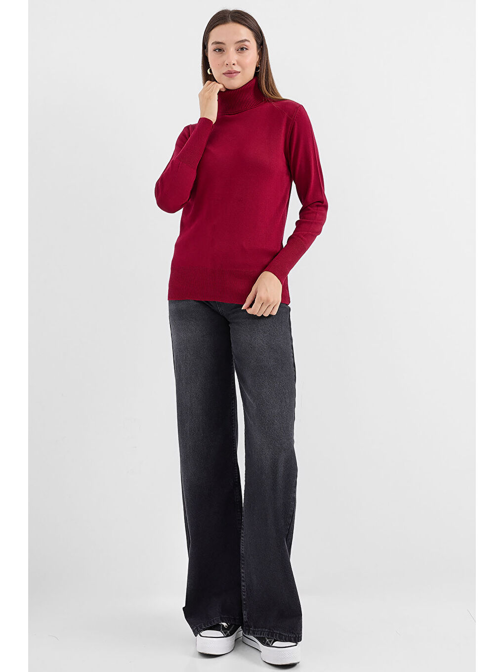 15747 Balıkçı Yaka Triko Kazak - Y.Bordo-1