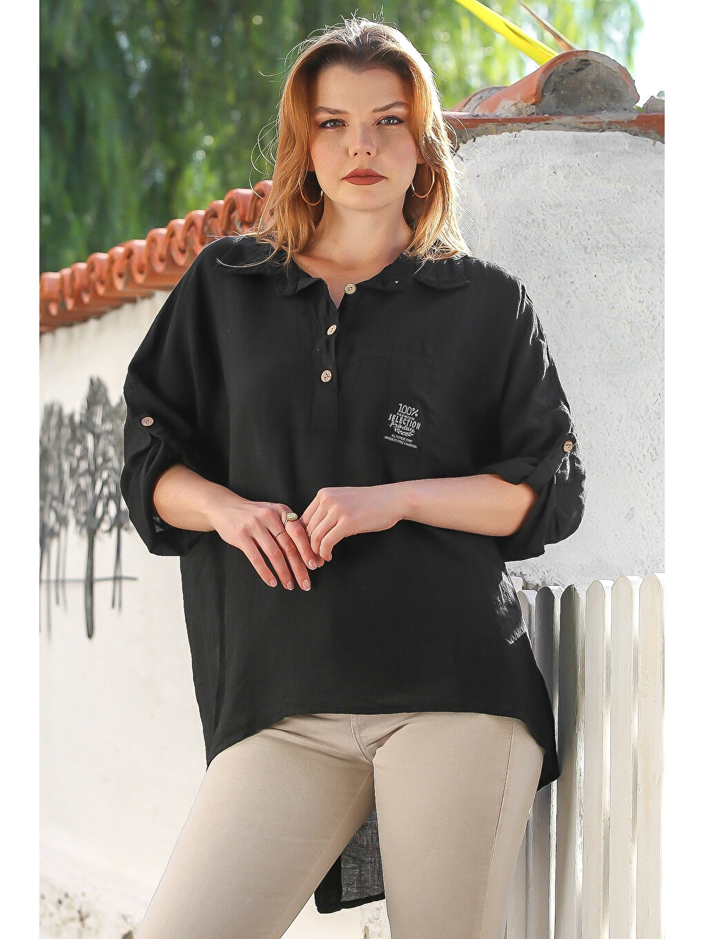 İtalyan Siyah Gömlek Yaka Düğmeli Uzun Kollu Cepli Keten Arkası Uzun Oversize Dokuma Bluz 75 70-4