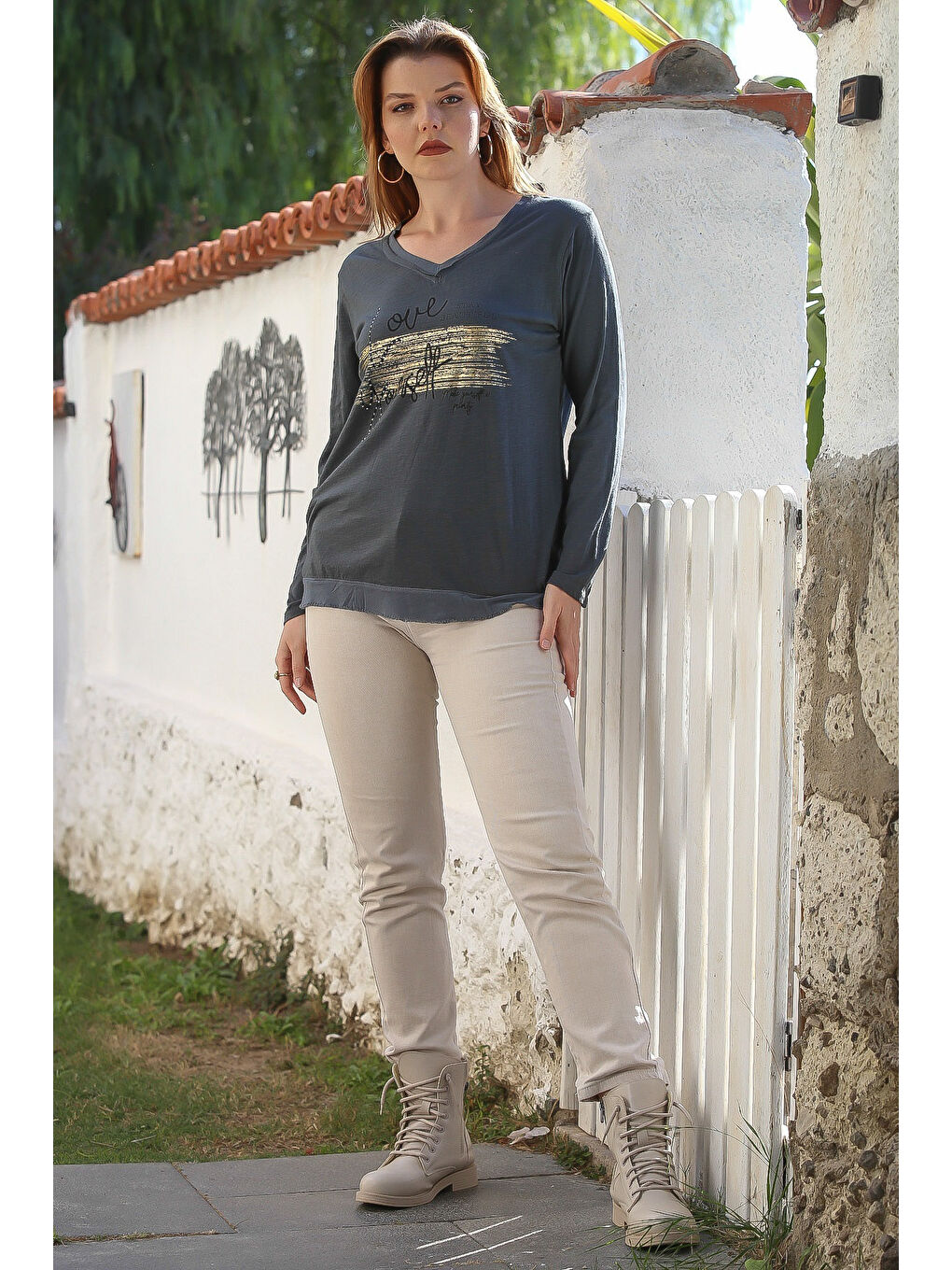 İtalyan Lacivert V Yaka Uzun Kol Taşlı Dokuma Garnili Varak Baskılı Casual Penye Örme Bluz 70 60-5