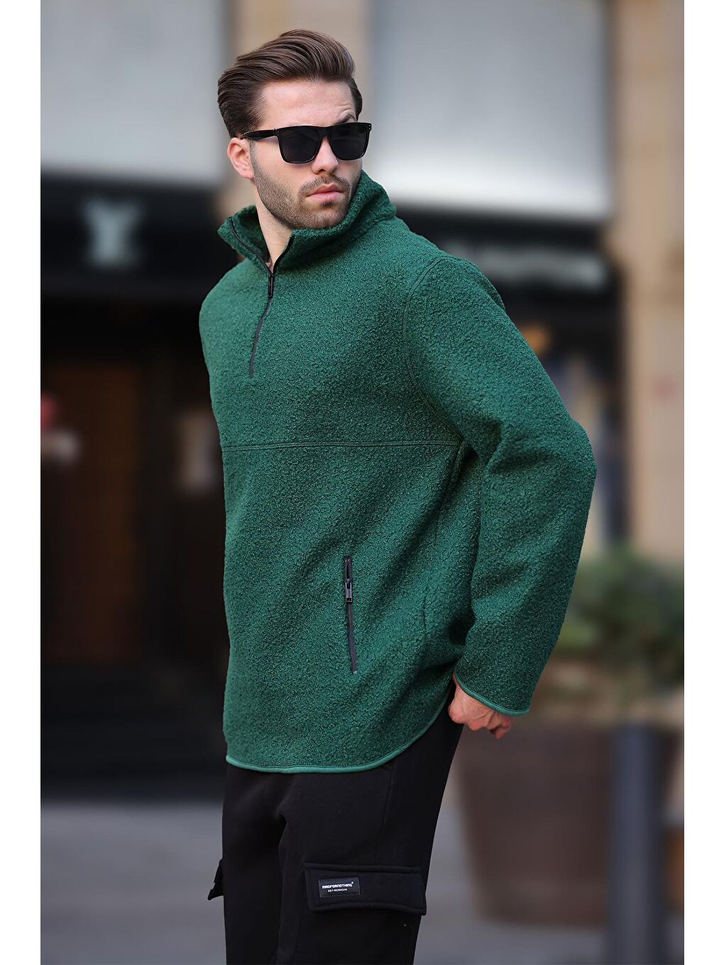 Yeşil Dik Yaka Yarım Fermuarlı Buklet Sweatshirt 7084-1
