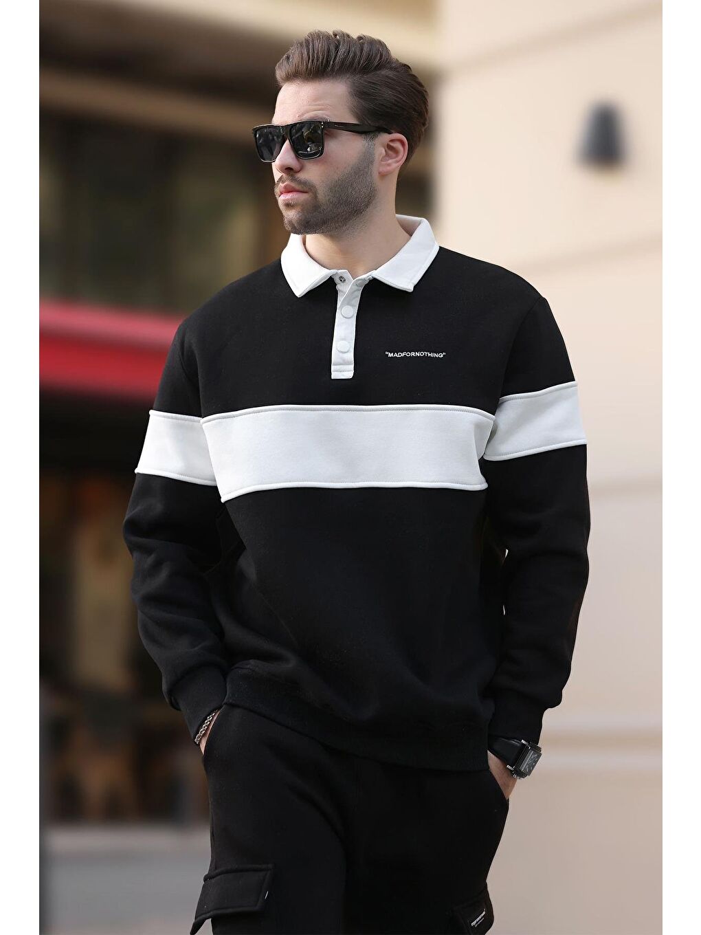 Siyah Polo Yaka Renk Bloklu Erkek Sweatshirt 7072