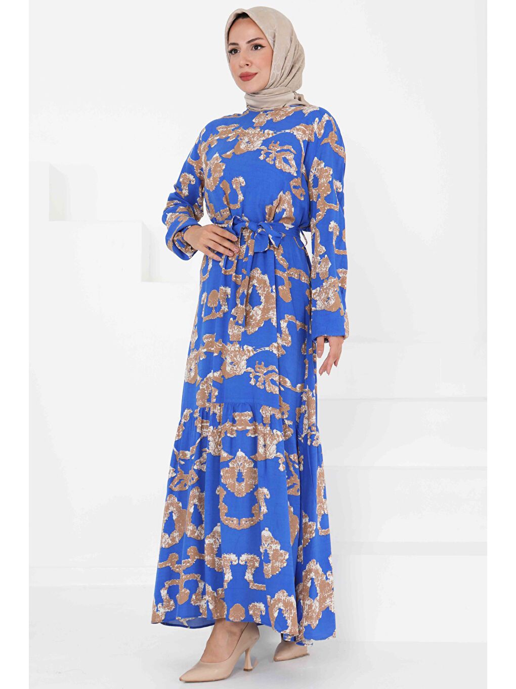 Mavi Desenli Kuşaklı Elbise Saks - 27429-1