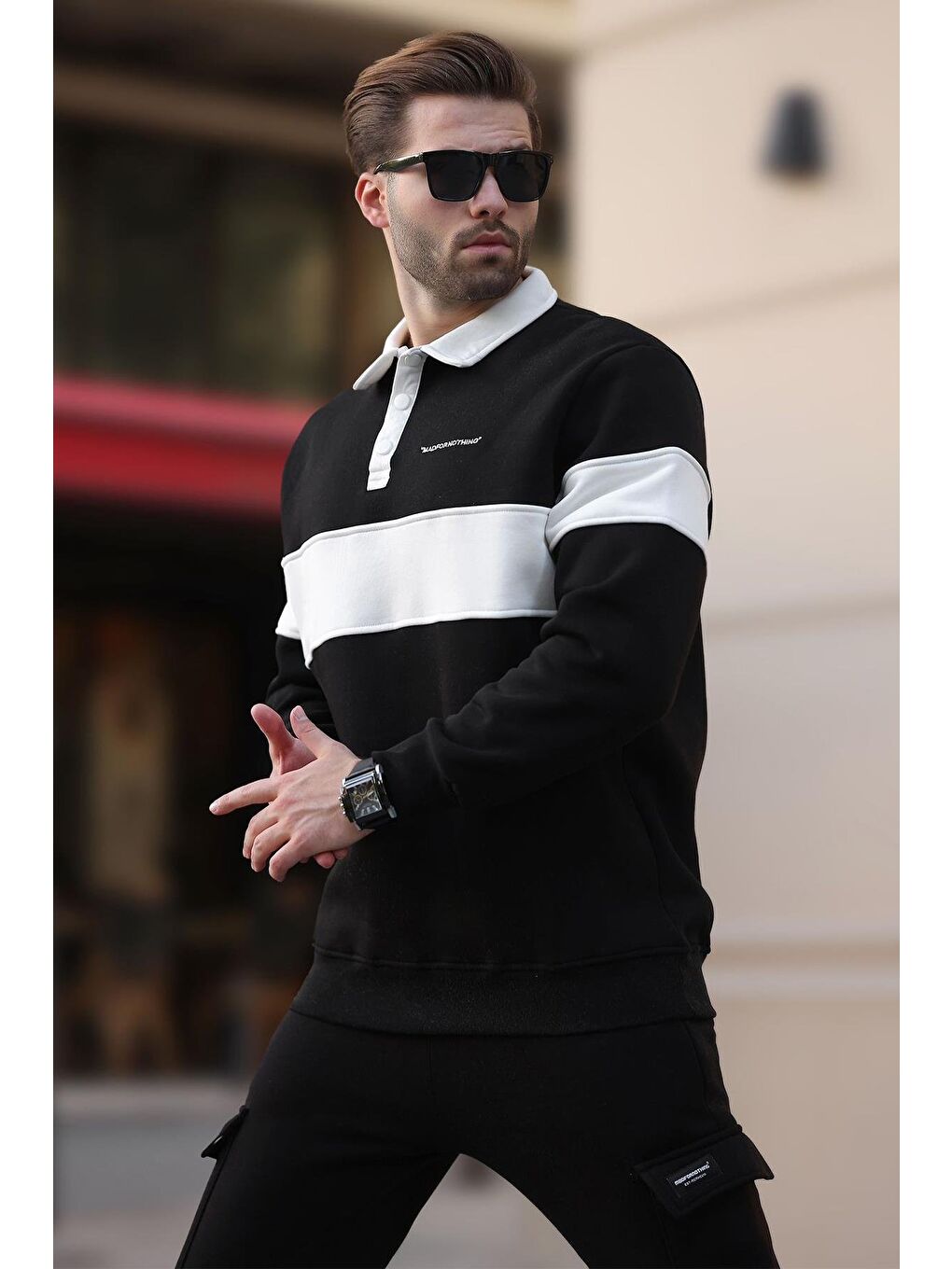 Siyah Polo Yaka Renk Bloklu Erkek Sweatshirt 7072-1