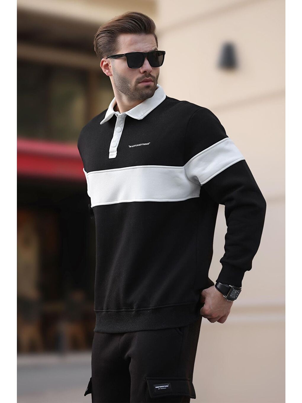 Siyah Polo Yaka Renk Bloklu Erkek Sweatshirt 7072-2
