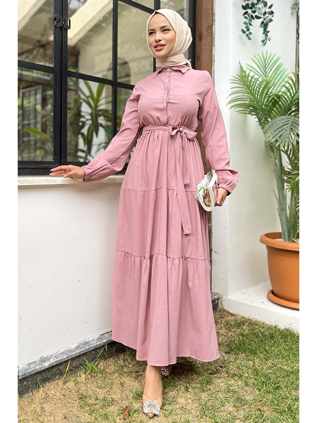 Pembe Kuşaklı Kat Kat Elbise Gül - 27345